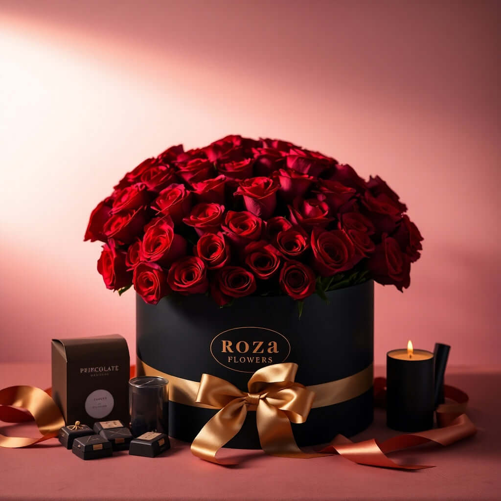 Luxury Flowers in a black box with red roses, gold ribbon, candle, and chocolates, creating an elegant and lavish gift arrangement.