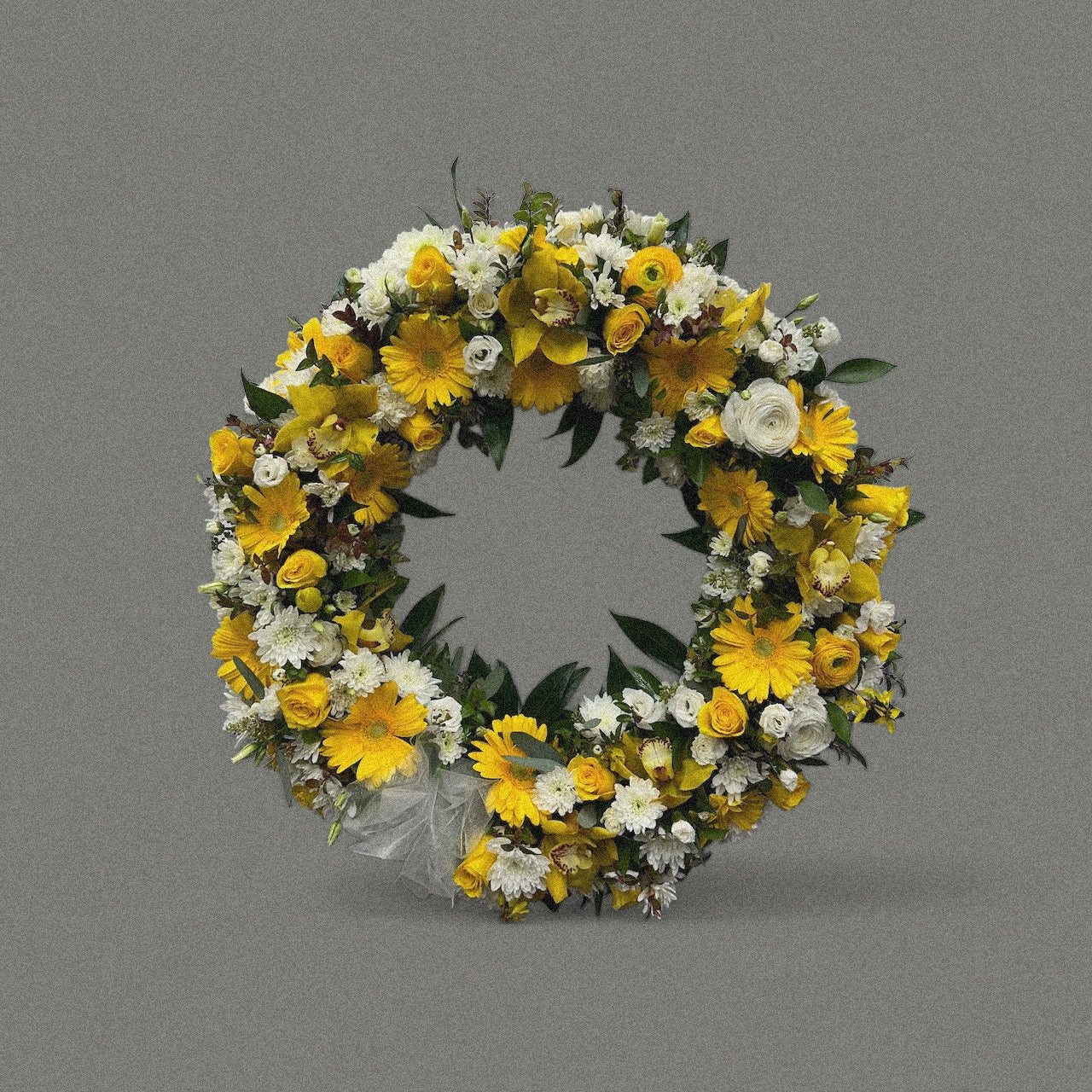 Vintage Sunburst Wreath with yellow roses and daisies for sympathy and funeral arrangements, best in Toronto, same day delivery.