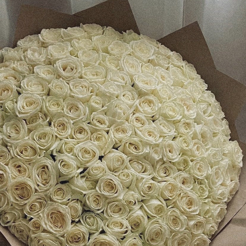 Fresh 100 white rose bouquet, representing purity and elegance, perfect for weddings and sympathy gestures