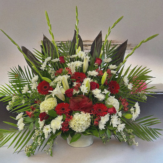 "Majestic Harmony" luxury floral funeral arrangement with red, white flowers & lush greens; best sympathy bouquet in Toronto, GTA.