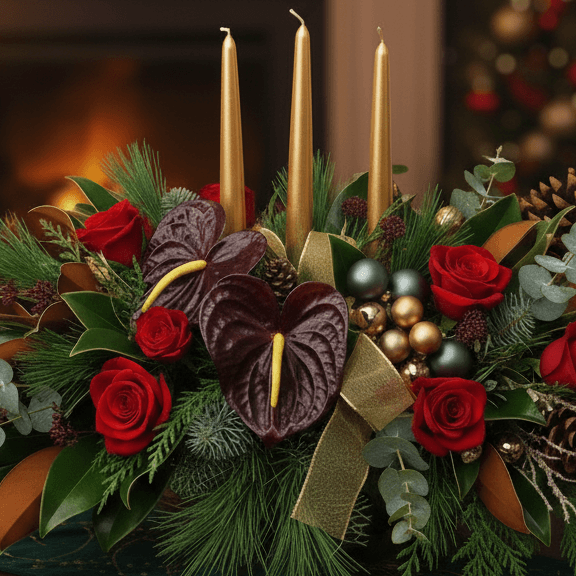 Golden Noel candle centerpiece with red roses, burgundy anthuriums, and gold candles, perfect for festive holiday decor.