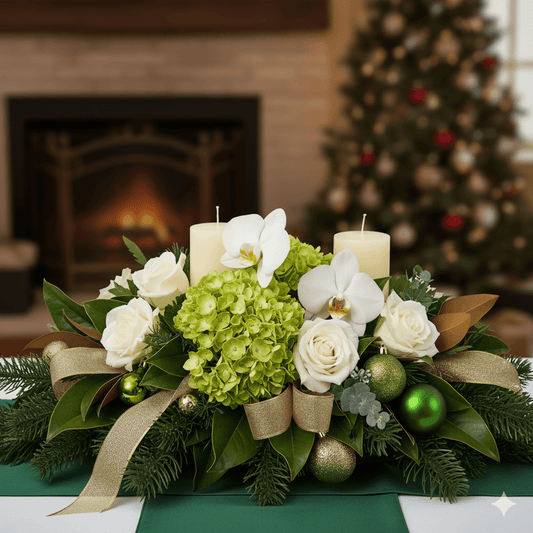 Christmas centerpiece floral design with ivory candles, white roses, green hydrangeas against a cozy fireplace scene.