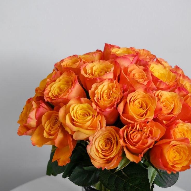 Luxury rose arrangement in a decorative box, paired with lush greenery for a sophisticated look.