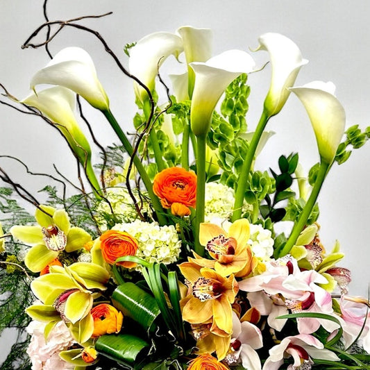 Timeless Bloom floral arrangement with white calla lilies, available from the best Toronto florist, offers luxury freshness and same day delivery.