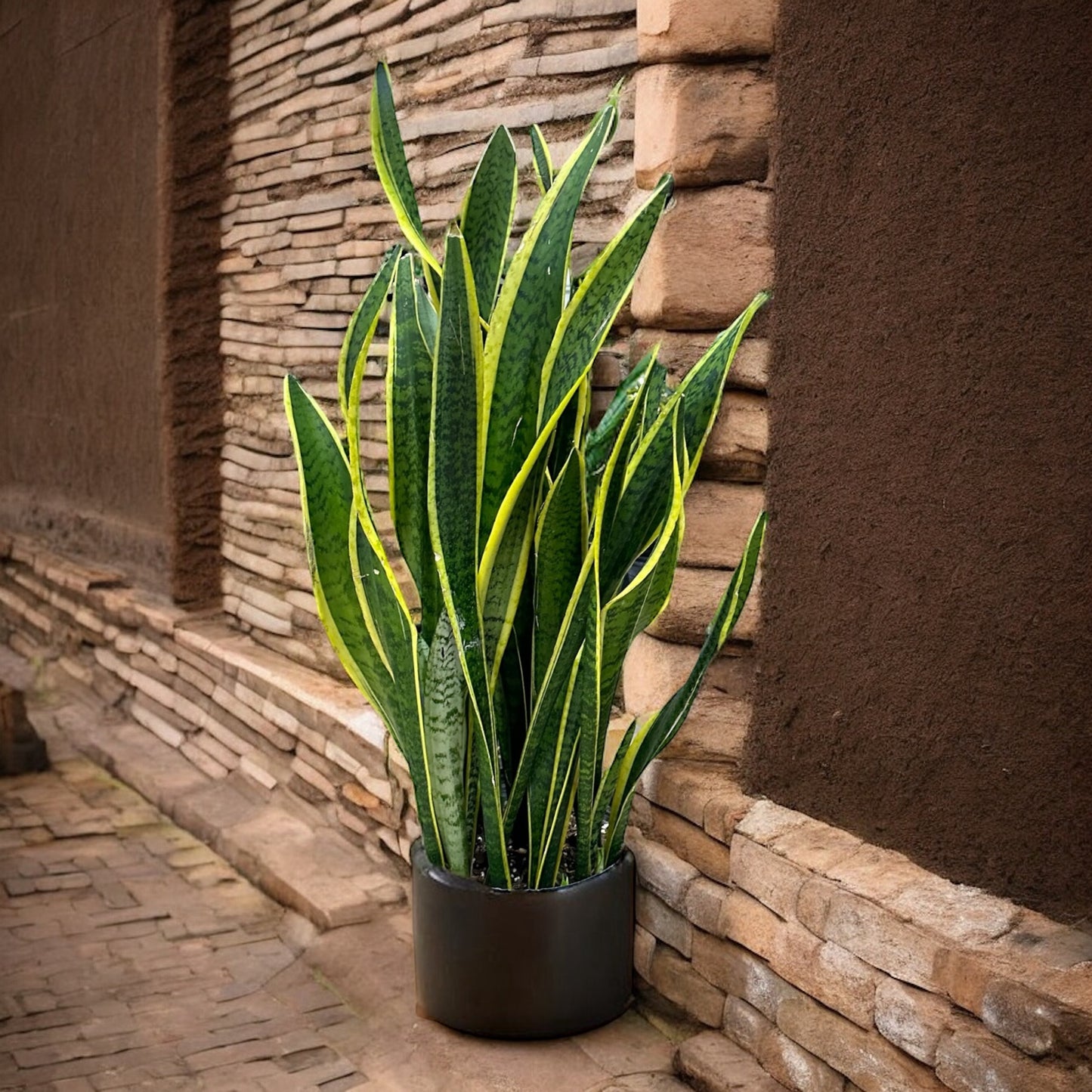Alt Tag: Snake Plant (Sansevieria trifasciata) in a pot against a stone wall, ideal indoor plant from best Toronto same day delivery florist