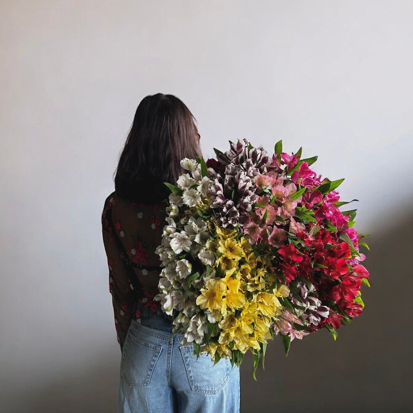 Woman holding a large bouquet of vibrant Alstroemeria flowers, showcasing elegance and vibrance, perfect for luxury arrangements.