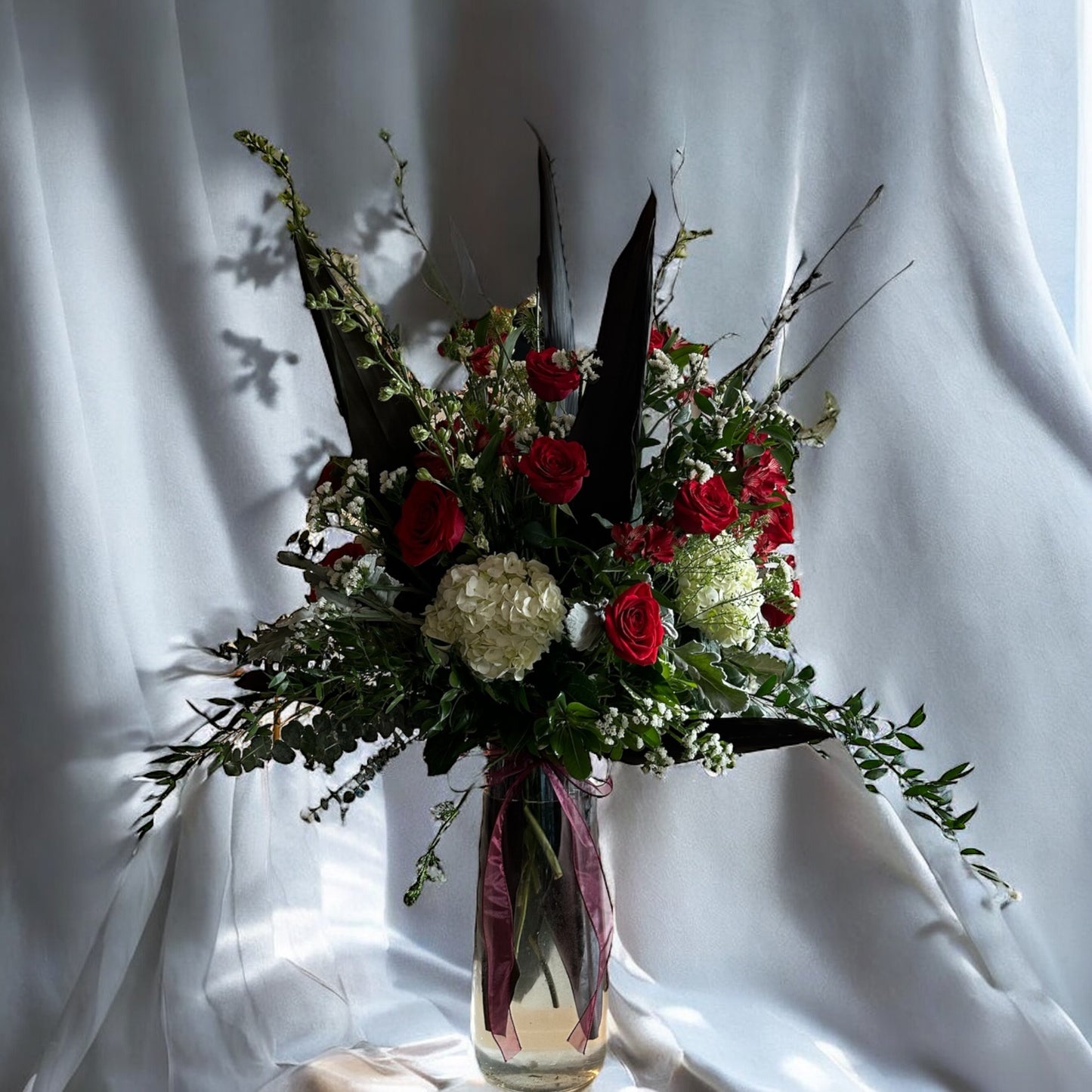 Romantic Elegance Vase with red roses and hydrangeas, perfect for same day delivery in Toronto's best flower shop.