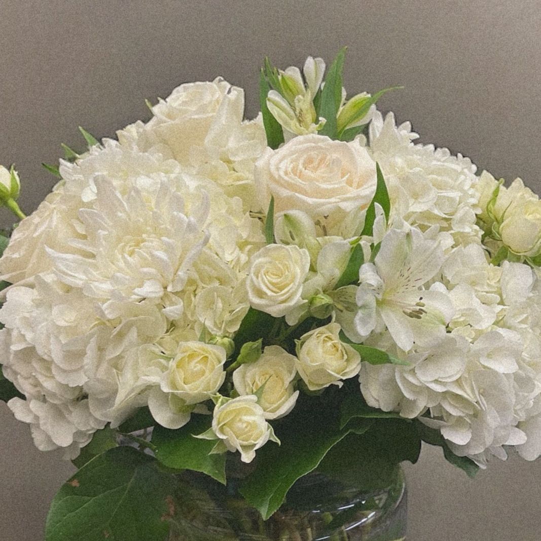 Luxurious Snowy Splendor bouquet with white roses and hydrangeas, available for all occasions from the best florist in Toronto, same day delivery.