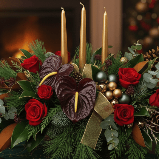 Golden Noel candle centerpiece with red roses, burgundy anthuriums, and gold candles, perfect for festive holiday decor.