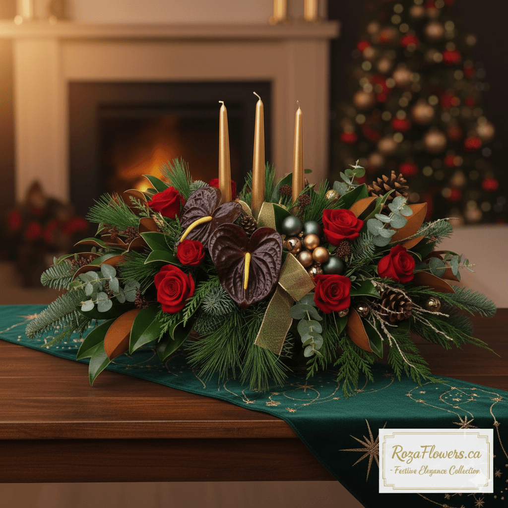 Golden Noel candle centerpiece with red roses, burgundy anthuriums, and festive candles on a holiday table.