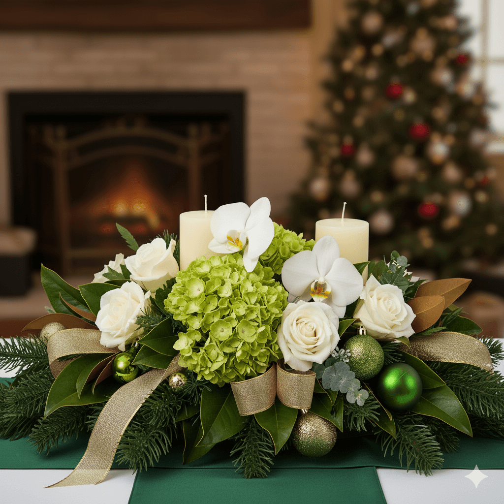 Christmas centerpiece floral design with ivory candles, white roses, green hydrangeas against a cozy fireplace scene.
